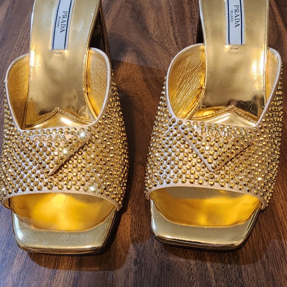 Prada Gold Crystal High Heel Satin Slides - Picture 4 of 5